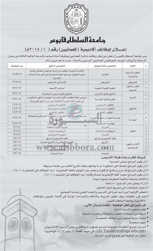 عاجل جامعة السلطان قابوس تعلن عن وظائف جديدة لأعضاء هيئة التدريس في 8