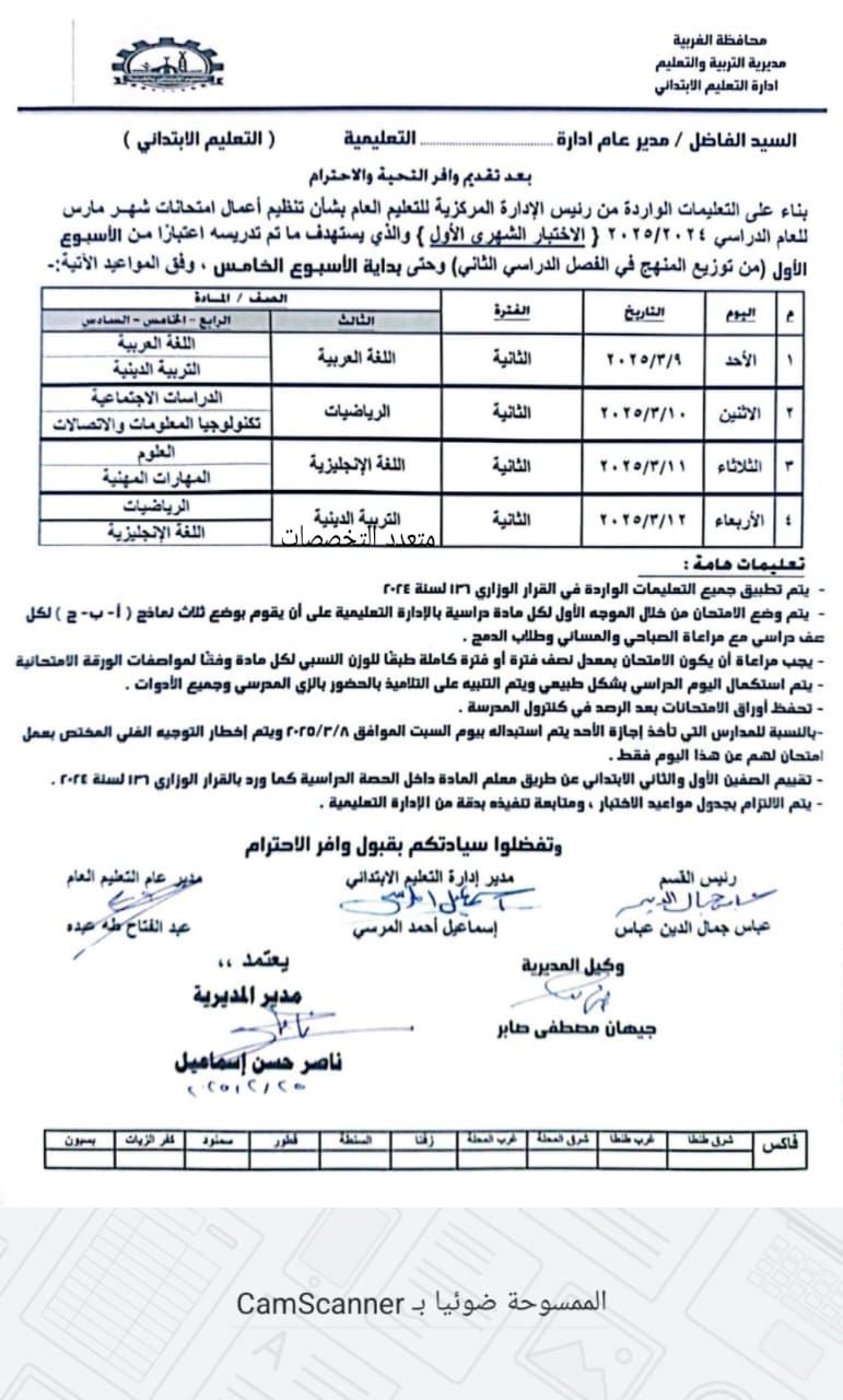 جدول امتحانات شهر مارس 2025
