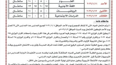 جدول امتحانات الصف الأول الإعدادي بمحافظة الغربية الترم الأول